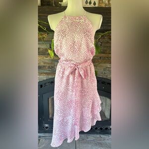 Express High Neck Pink Scattered Dot Dress with Asymmetrical Hem Large
